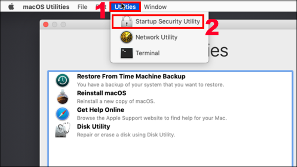 Chọn Utilities và Startup Security Utility