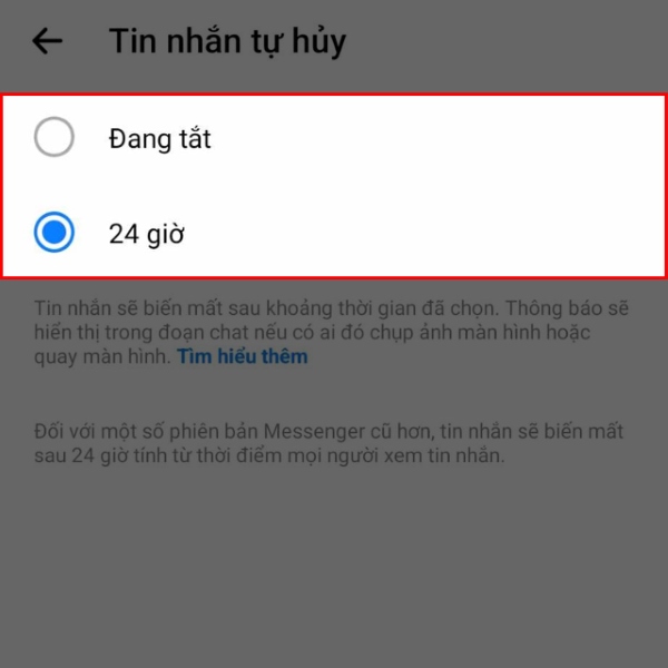 Bạn sẽ có hai tùy chọn là tắt hoặc 24 giờ