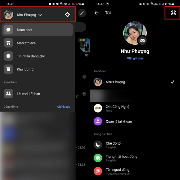 Nhấn vào biểu tượng trang cá nhân của bạn trong Messenger