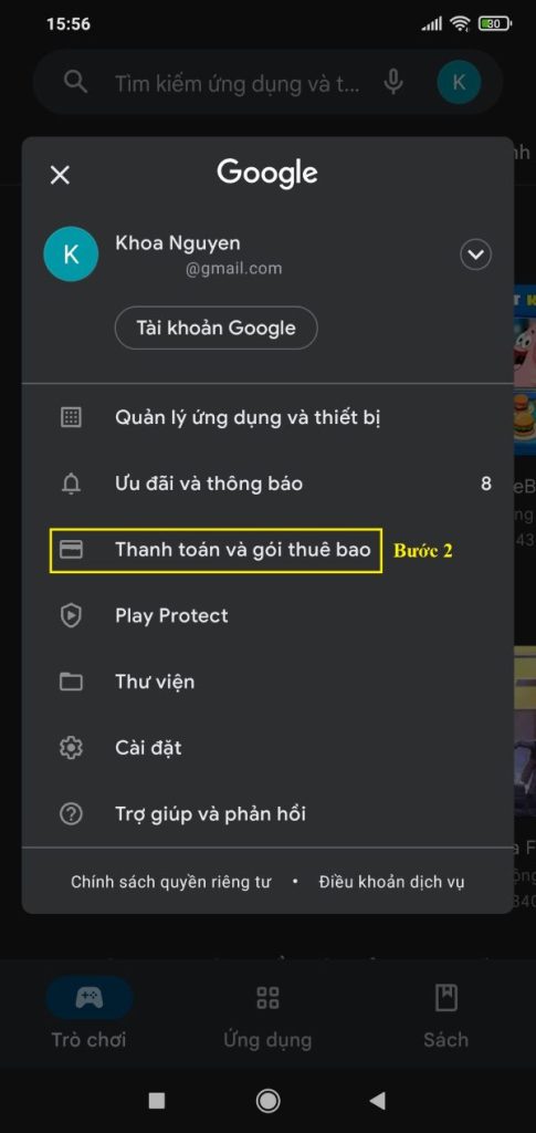 Chọn “Thanh toán và gói thuê bao”