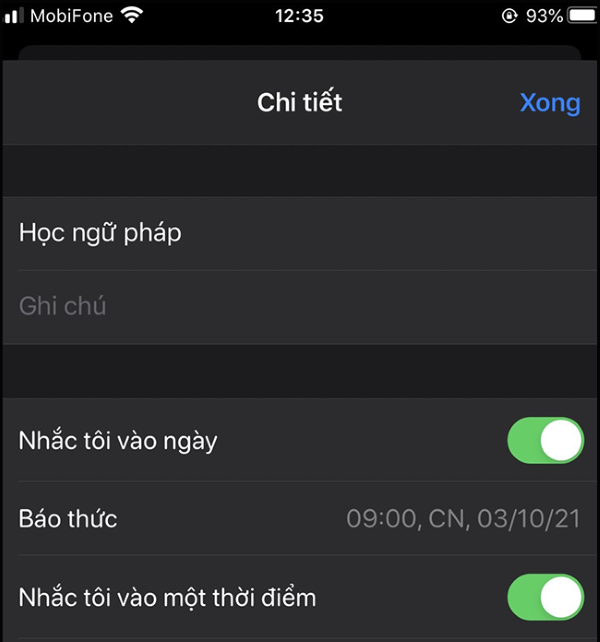 Nhấn Xong để lưu lại lời nhắc vừa tạo