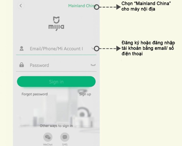 Mở ứng dụng Mi Home và đăng ký tài khoản mới hoặc đăng nhập