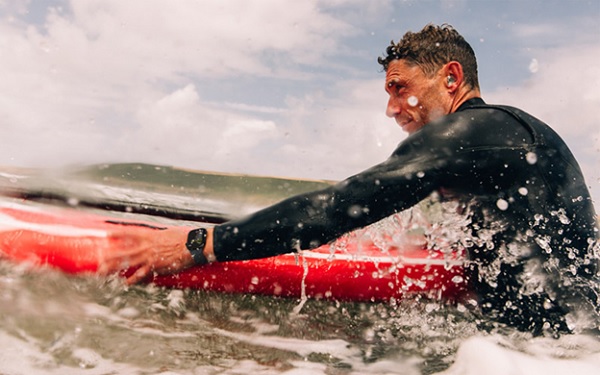 A person in a wet suit on a surfboard in the water

Description automatically generated