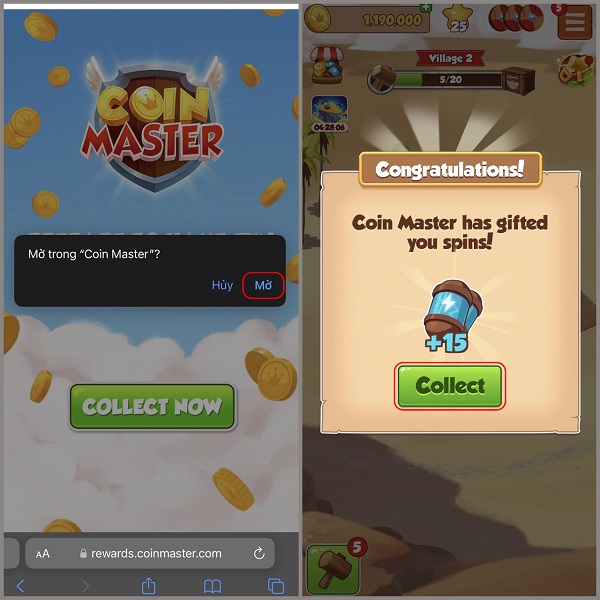 Chọn “Collect” để nhận Spin hoặc phần thưởng khác