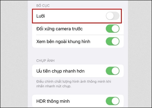 Cách tắt khung lưới camera