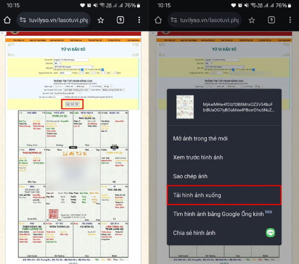 Lưu hình ảnh lá số về thiết bị điện thoại.