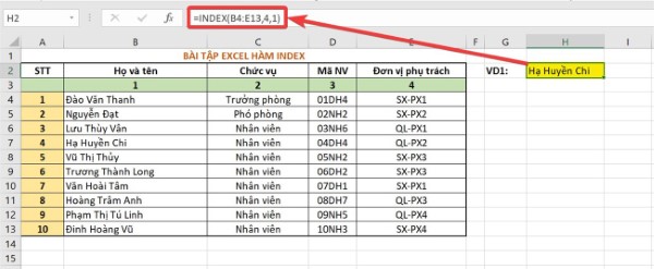 Hàm INDEX để trả về giá trị hoặc tham chiếu đến 1 phần tử trong bảng hoặc phạm vi dữ liệu