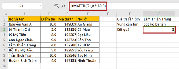 Hàm MATCH tìm kiếm một giá trị trong một dãy hoặc mảng và trả về vị trí tương đối