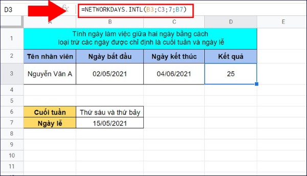 Hàm Networkdays được sử dụng để tính số ngày làm việc