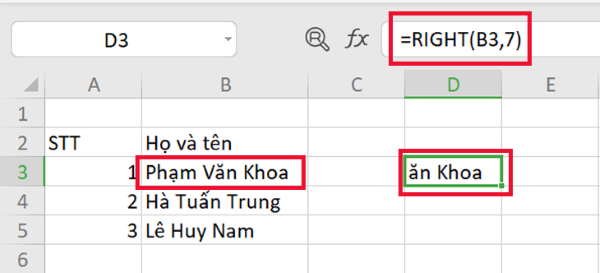 Hàm RIGHT cho phép bạn lấy một số ký tự từ cuối chuỗi văn bản