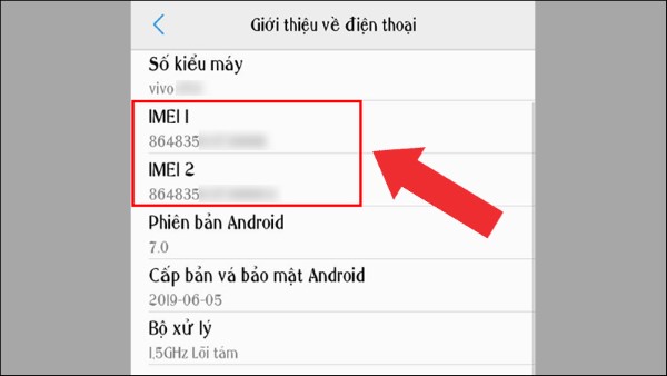 Dãy số IMEI 1 và IMEI 2 hiển thị trong mục này