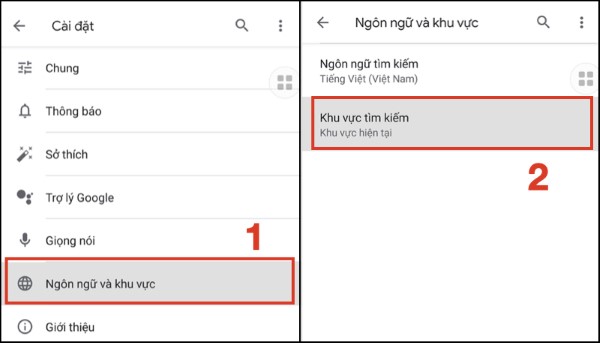 Chọn "Ngôn ngữ và khu vực" rồi nhấn vào "Khu vực tìm kiếm"