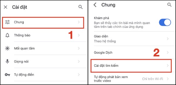 Nhấn vào "Chung" rồi chọn "Cài đặt tìm kiếm"