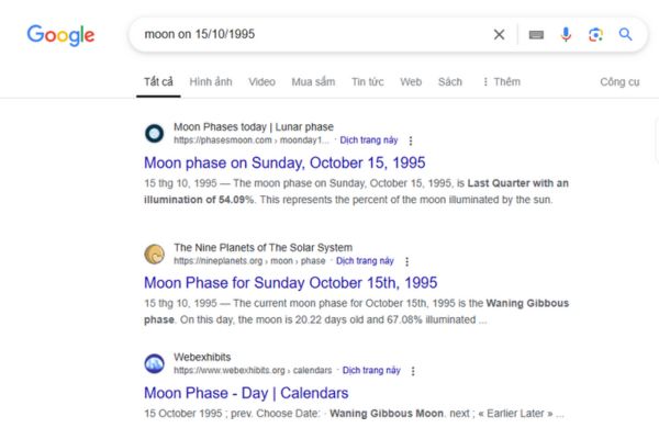 Tìm kiếm chu kỳ trăng trên Google