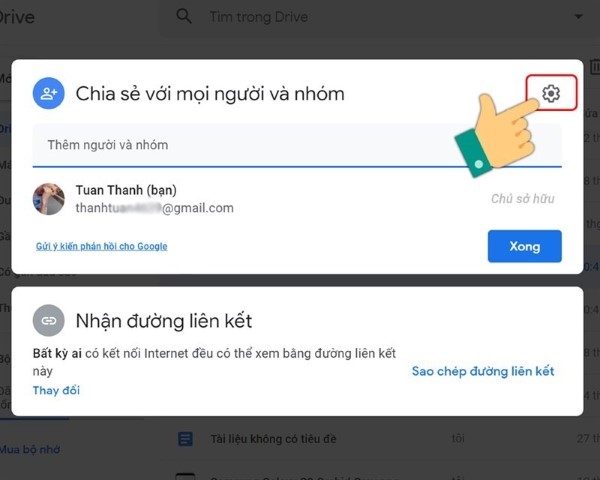 Nhấn vào biểu tượng Cài đặt để tùy chỉnh các quyền chia sẻ chi tiết