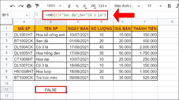 Kết quả sẽ trả về FALSE, do B2 không phải "Sen đá"