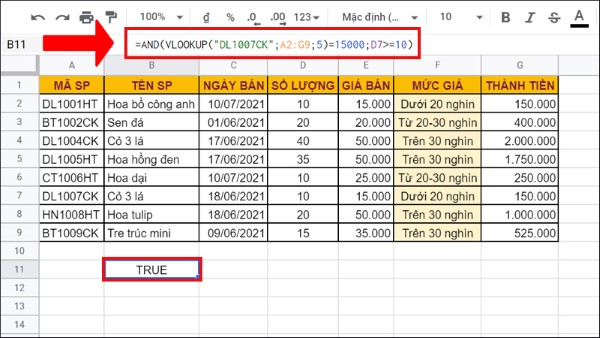 Kết hợp hàm AND với hàm VLOOKUP