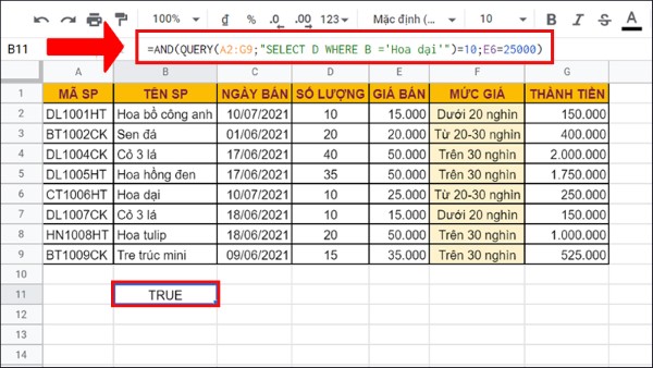 Kết hợp hàm AND với hàm QUERY