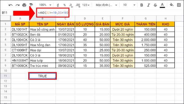 Hàm AND sẽ trả về TRUE khi tất cả các điều kiện kiểm tra đều đúng