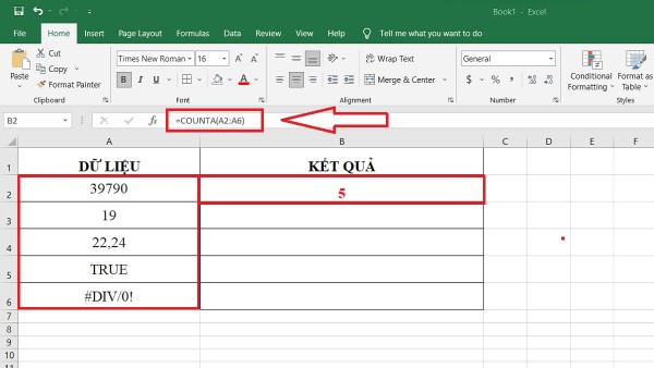 Nhập công thức sau vào ô B2: =COUNTA(A2:A6)
