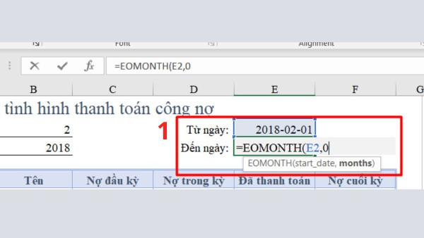 Nhập công thức =EOMONTH(E2,0) vào ô tham chiếu E2