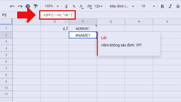 Lỗi tên hàm IF bị viết sai chính tả thành "IFF"