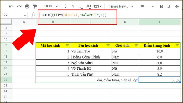 Tính tổng điểm trung bình của cả lớp