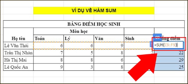 Nhập công thức =SUM(C9:F9)