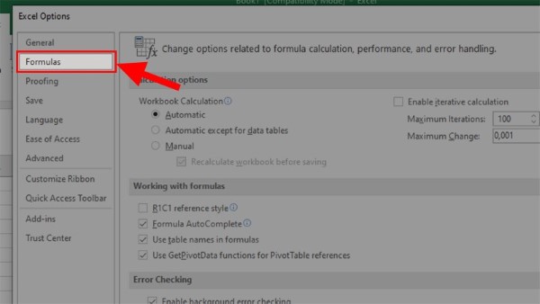 Chọn mục Formulas