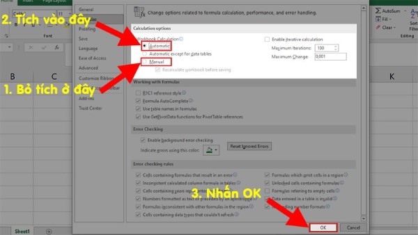 Tìm phần Calculation options, bỏ chọn Manual