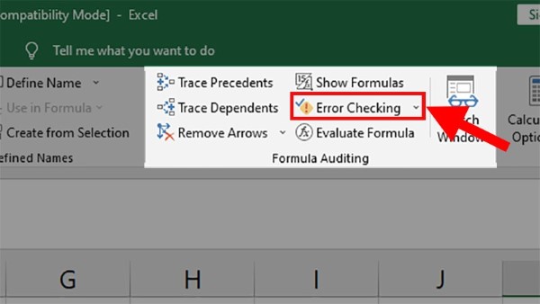 Vào mục Formula Auditing và nhấn vào Error checking