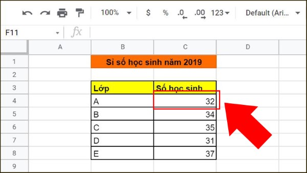 Số học sinh lớp A mỗi năm sẽ được ghi ở ô C4