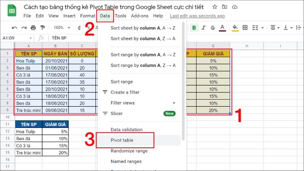 Chọn vào thẻ Data (Dữ liệu) và chọn Pivot Table (Bảng tổng hợp)