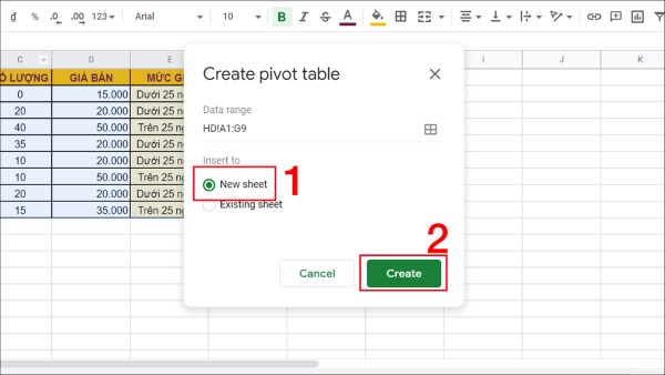 Chọn New Sheet (Chèn vào trang mới), rồi nhấn Create (Tạo)