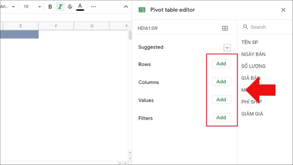 Để thêm dữ liệu vào bảng Pivot Table, bạn sử dụng các nút Add