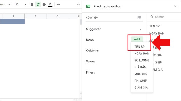 Tại phần Rows, chọn Add TÊN SP