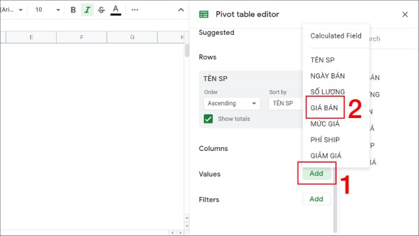 Tại phần Values, chọn Add GIÁ BÁN
