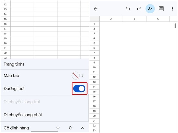 Trong mục Đường lưới, chuyển công tắc từ ON sang OFF