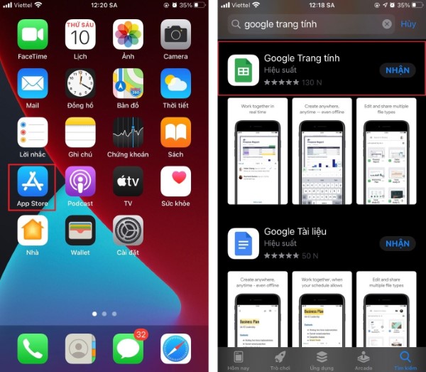 Vào App Store, tìm và tải ứng dụng Google Trang tính