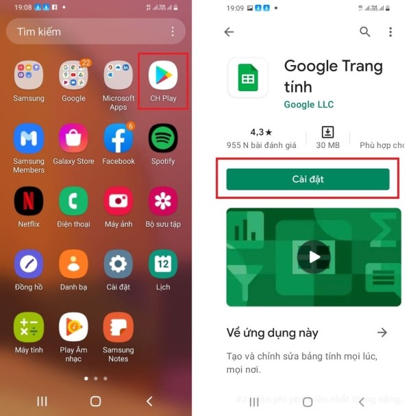 Mở CH Play, tìm kiếm và cài đặt ứng dụng Google Trang tính