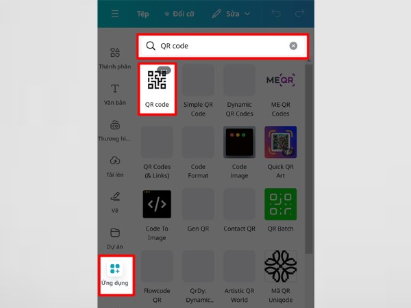 Chọn mục Ứng dụng và tìm kiếm từ khóa "QR Code"