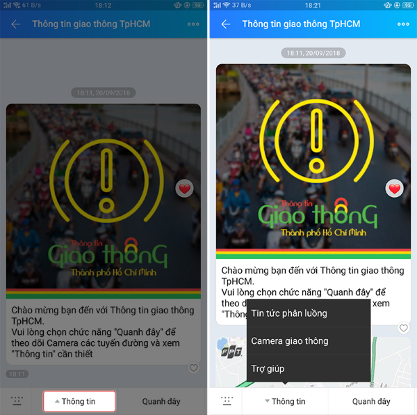 Tính năng "Thông tin" cung cấp chi tiết về tình hình phân luồng giao thông