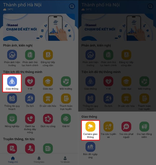 Mở ứng dụng iHanoi và chọn mục “Giao thông”