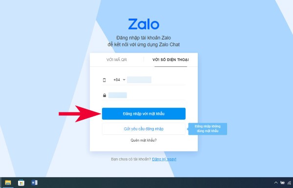 Nhập số điện thoại và mật khẩu tài khoản Zalo
