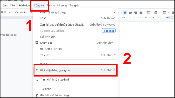 Chọn Nhập liệu bằng giọng nói (hoặc nhấn tổ hợp phím Ctrl+Shift+S)