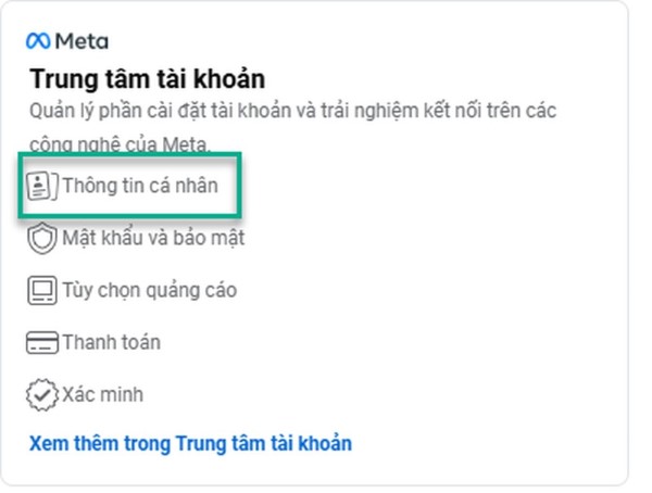 Chọn Thông tin cá nhân 