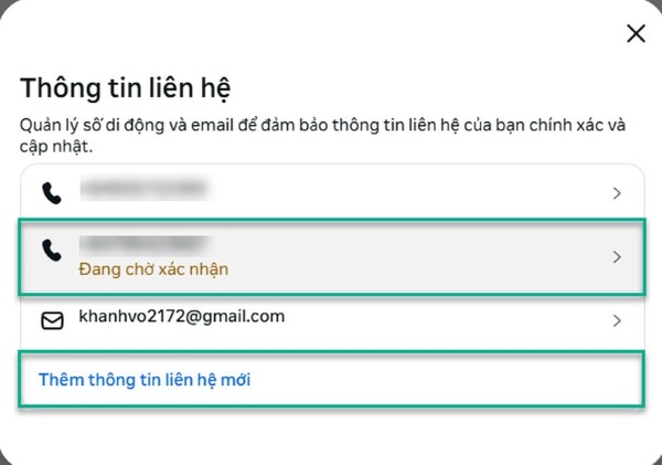 Chọn một số điện thoại có sẵn hoặc thêm thông tin liên hệ mới để xác nhận