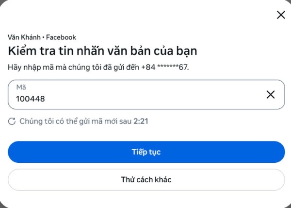 Nhập mã xác thực và nhấn "Tiếp tục" 