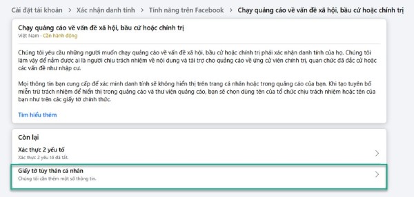 Chọn mục "Giấy tờ tùy thân cá nhân" để tiếp tục