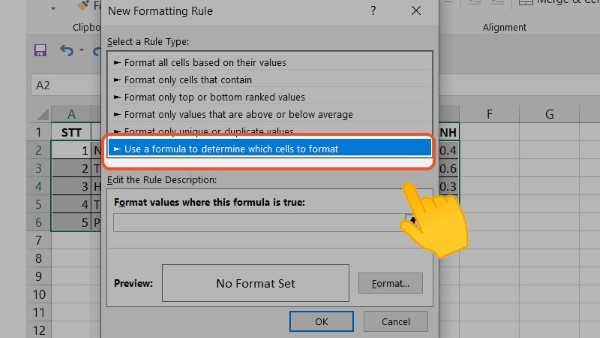 Chọn Use a formula to determine which cells to format